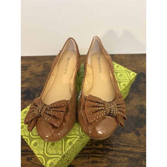 Gianni Bini Shoes - Gianni Bini Balletcore Madison Tan Patent Suede Bow Ballet Flats Brown 7